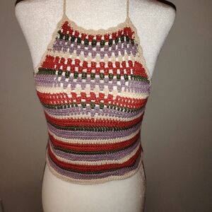 Full Tilt Crochet Striped Halter Camisole in Cream, Red, Olive & Lavender
